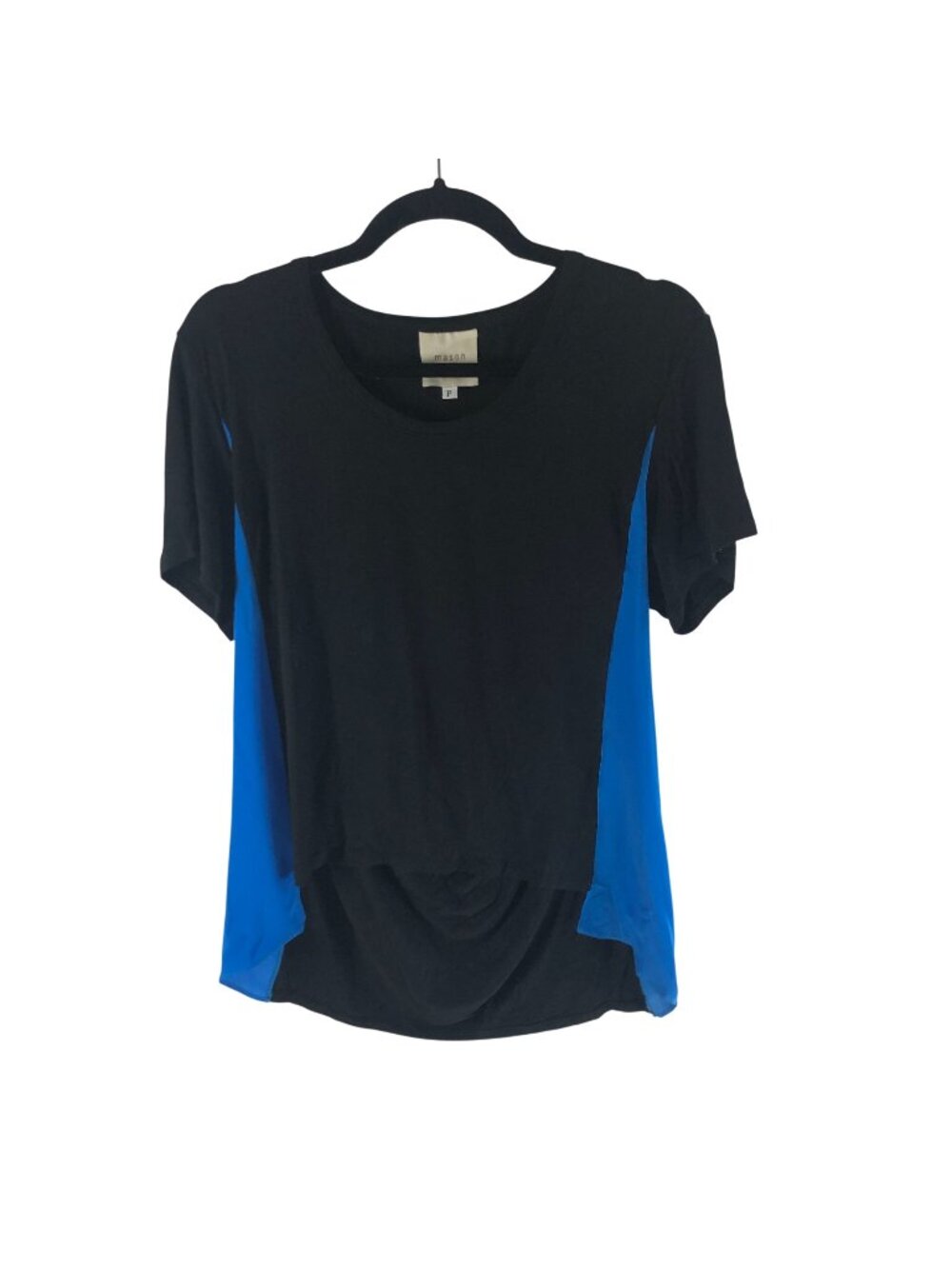 Mason Black & Blue Short Sleeve Drape Back Contrast Top P Rayon & Silk